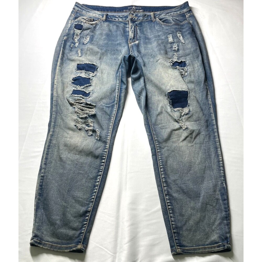 Ashley Stewart Jeans Womens 18S Ripped Edgy Skinny Blue Distressed Stretch Denim